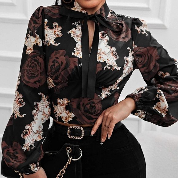 FloralLantern Sleeve Tie Neck Blouse - Picture 2 of 5
